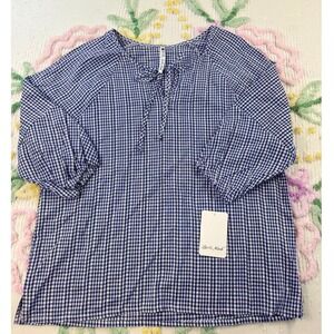Leo Nicole Blue Gingham Tie Neck Blouse‎ Women's Size Small Puff Sleeve